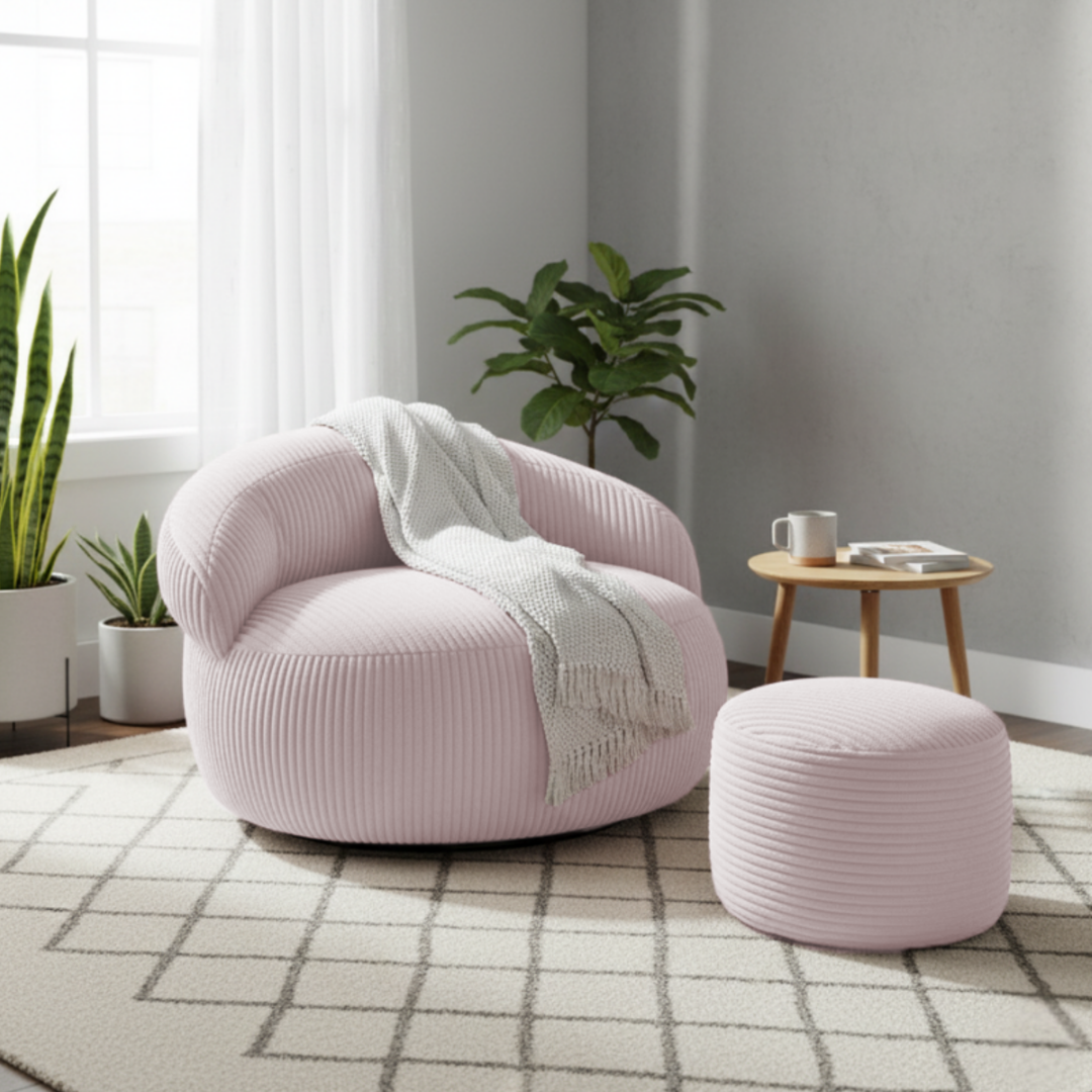 Pouf XXL déhoussable en velours côtelé, forme arrondie, dans un salon