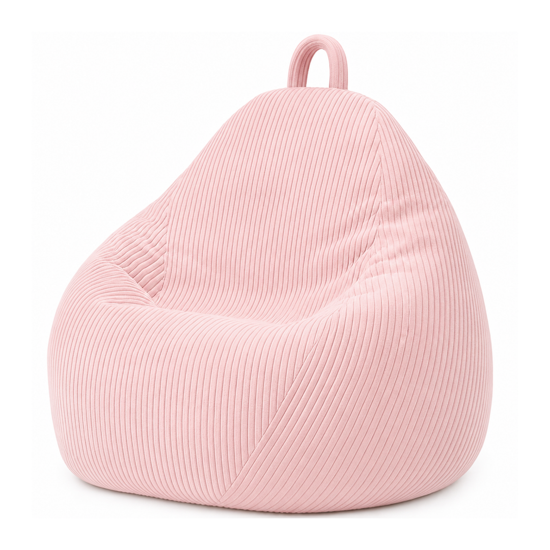 Pouf poire déhoussable en velours côtelé rose, forme poire rembourrée avec poignée