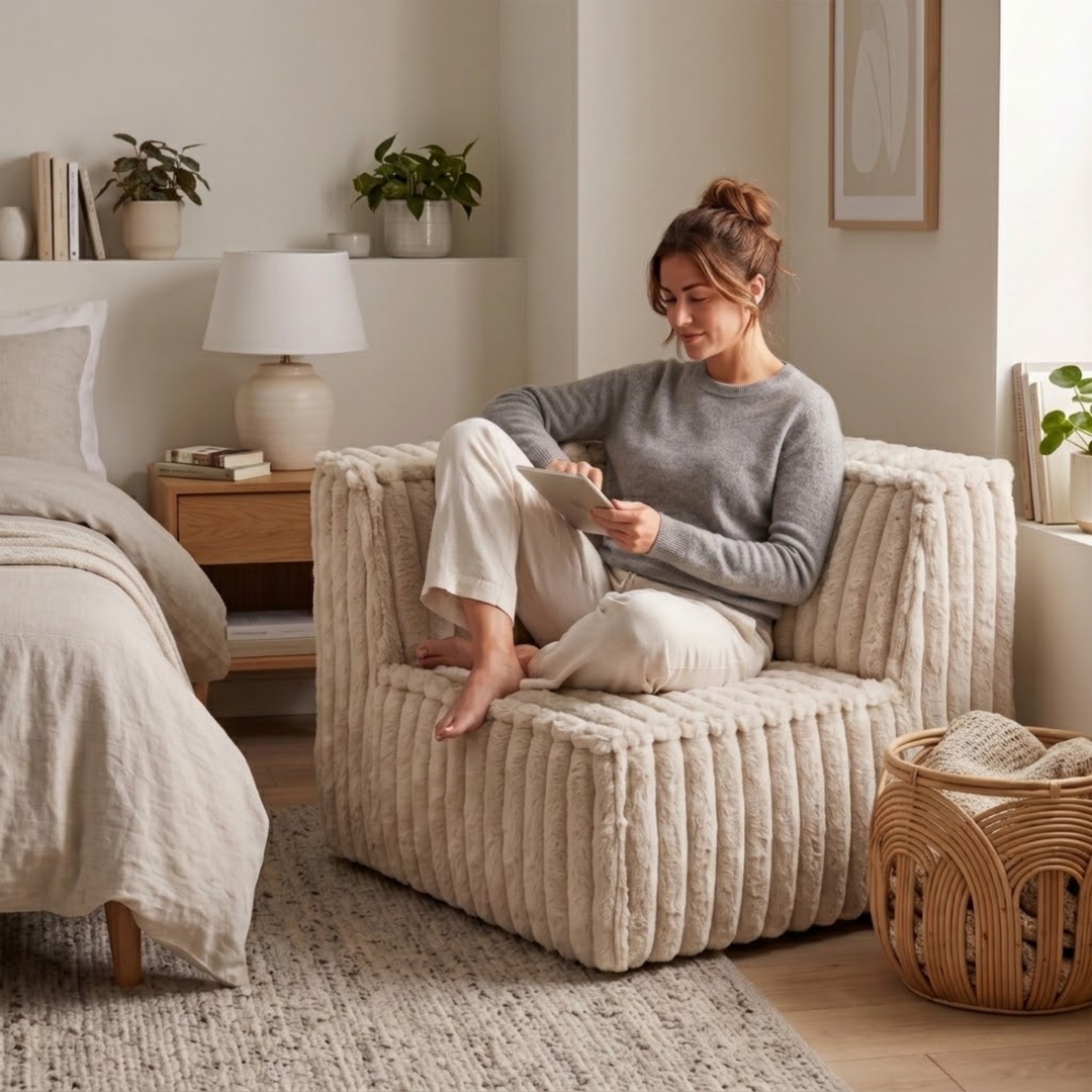 Personne assise sur un module d’angle droit de canapé modulable déhoussable beige, assise épaisse en fourrure côtelée