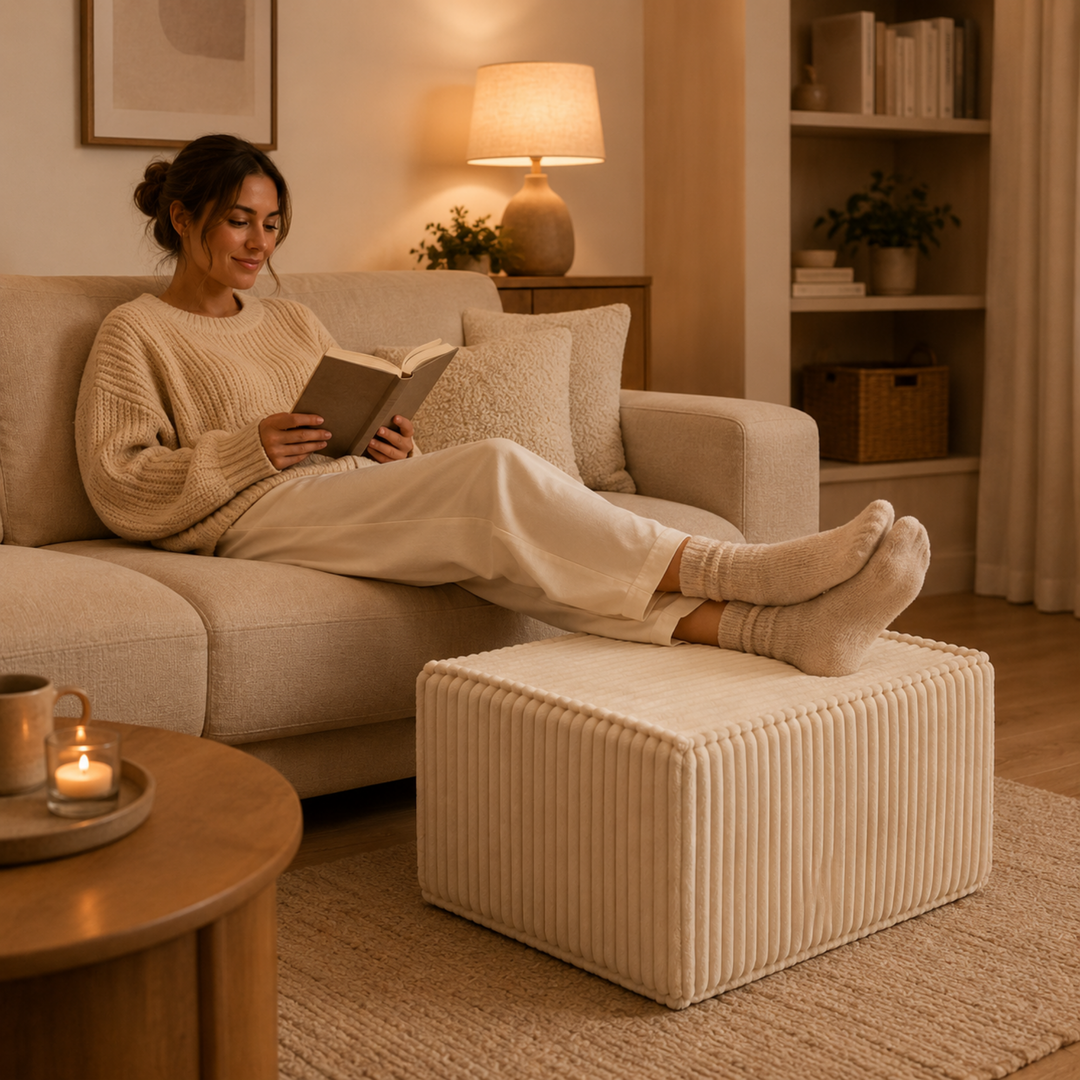 Personne reposant sur un repose-pieds déhoussable en velours côtelé blanc cassé, dans un salon