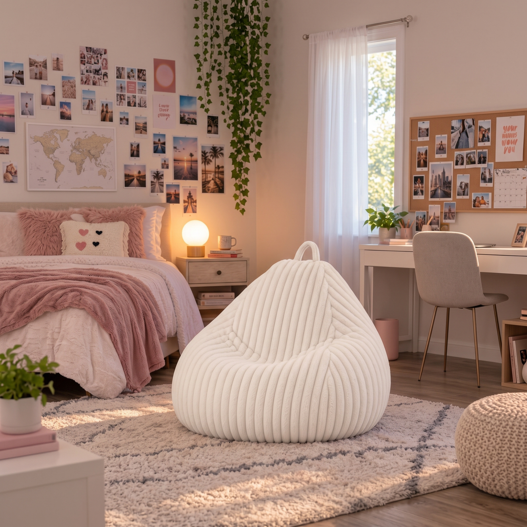Pouf poire en fourrure côtelée posé au sol dans un intérieur