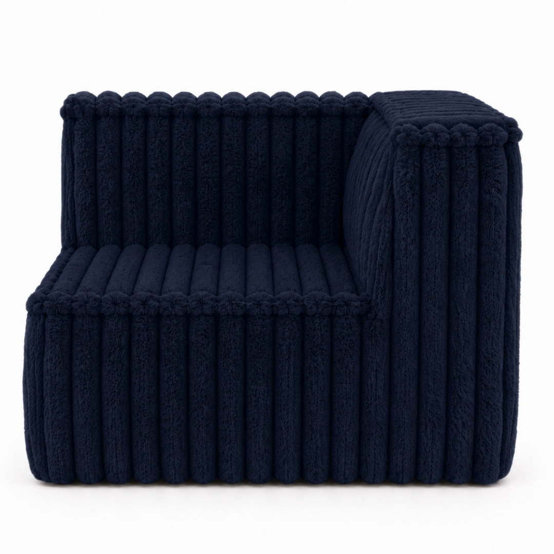 Module d’angle droit déhoussable en fourrure côtelée bleu nuit, accoudoir et assise