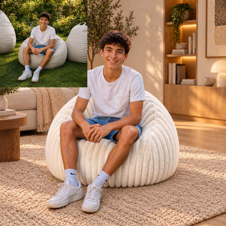 Personne assise confortablement dans un pouf poire en fourrure côtelée