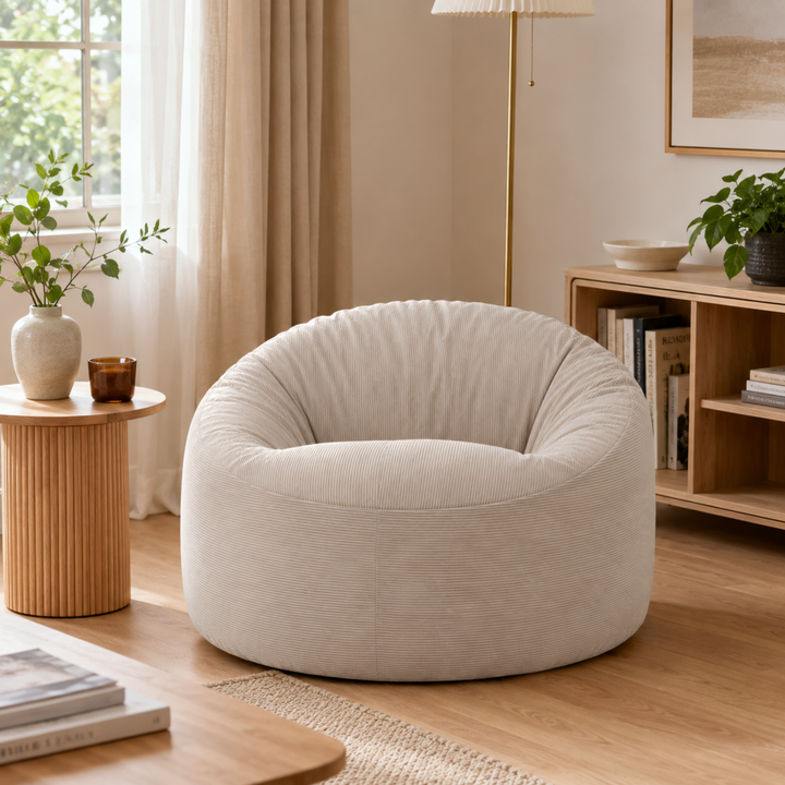 Pouf rond en velours côtelé beige, vu en intérieur.