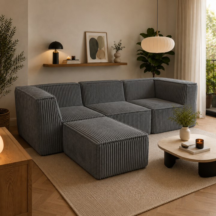 Canapé modulable 3 places déhoussable en velours côtelé gris foncé, avec méridienne