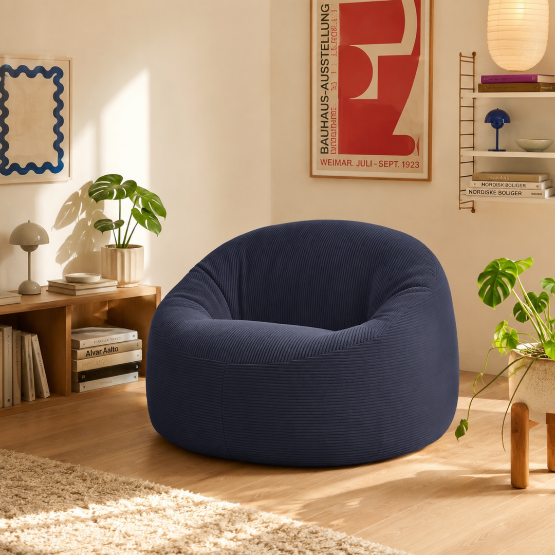 Pouf déhoussable en velours côtelé épais bleu foncé, forme arrondie