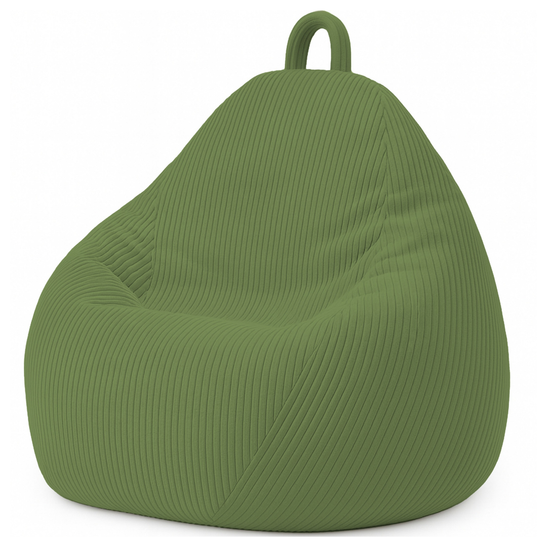 Pouf poire déhoussable en velours côtelé vert, forme poire rembourrée avec poignée