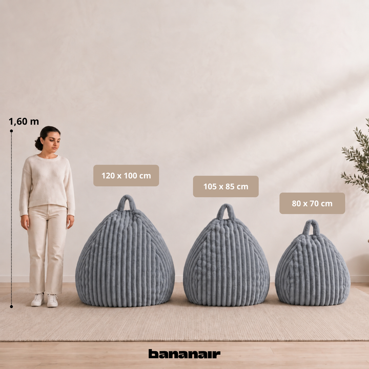Ensemble de poufs poires fourrure côtelée déhoussables avec tailles visibles: 80x70, 105x85, 120x100 cm