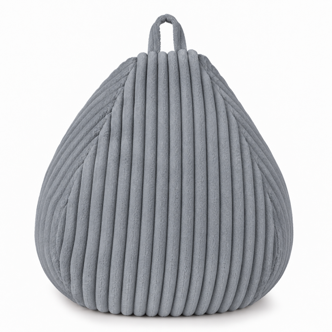 Pouf poire en fourrure côtelée grise, poignée de transport
