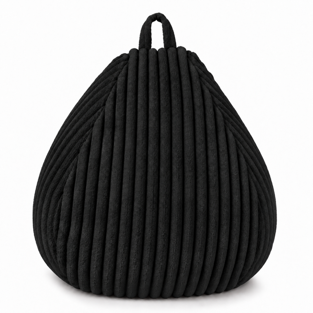 Pouf poire en fourrure côtelée noir avec poignée, finition texturée