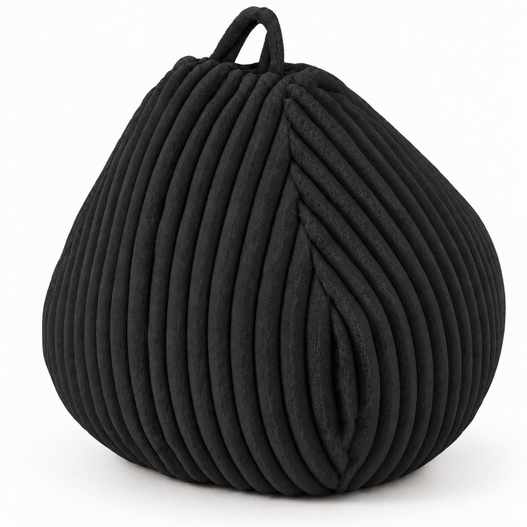 Pouf poire noir fourrure côtelée avec poignée intégrée