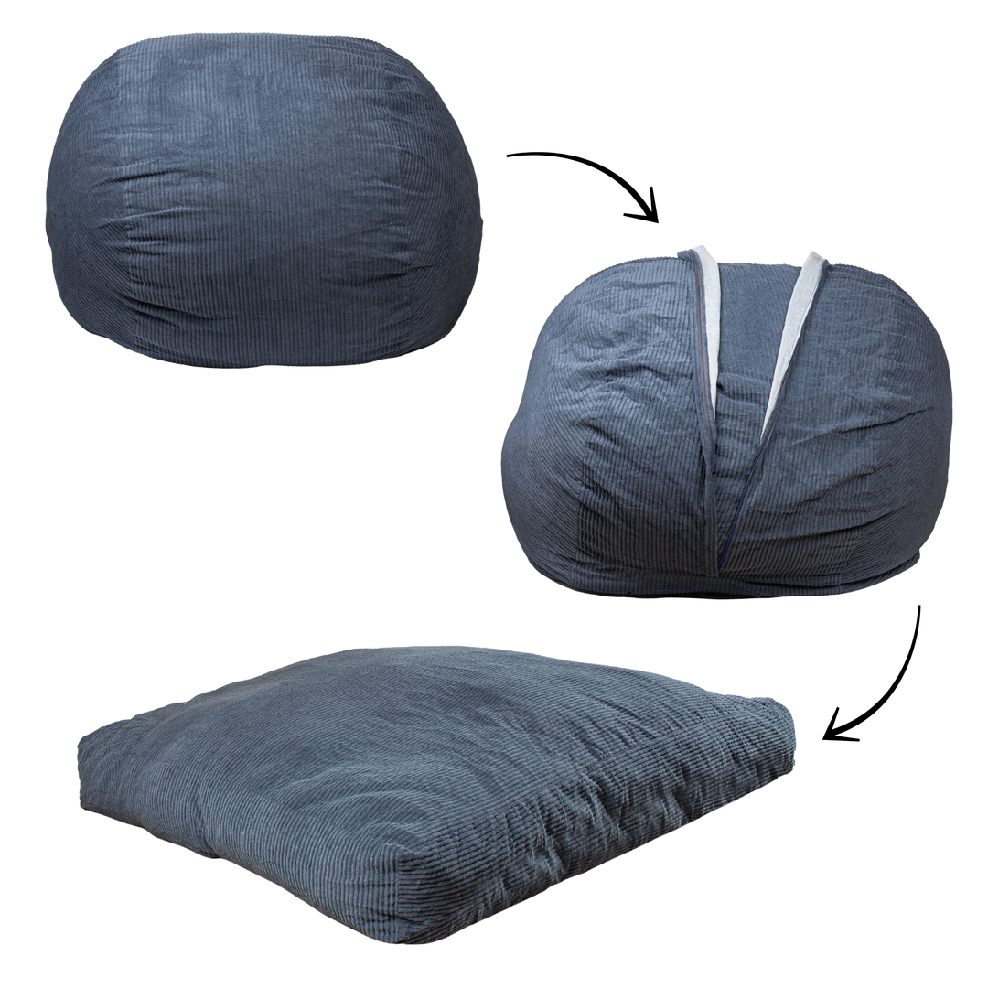 Pouf lit convertible 2-en-1 bleu foncé, usages assis et lit déplié