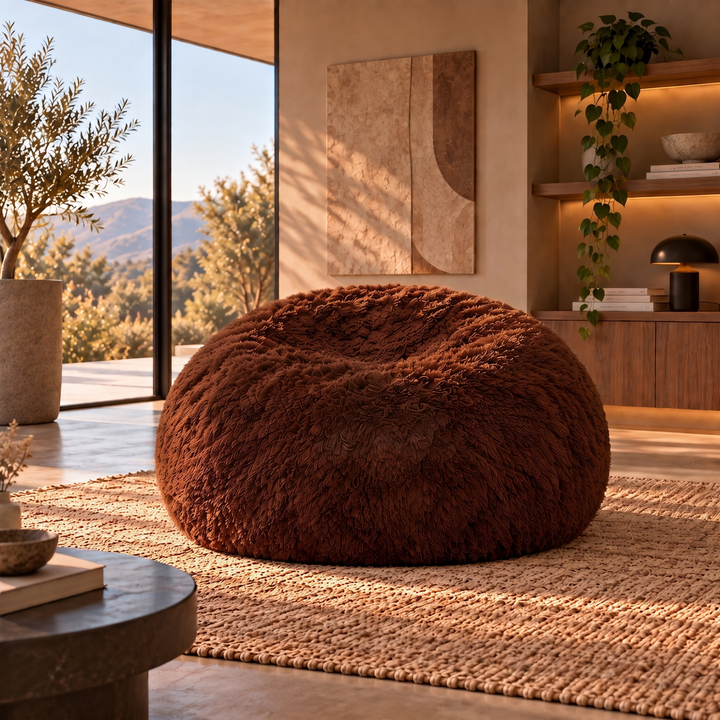 Pouf géant Banabag en fourrure marron, forme ronde, vue dans un intérieur