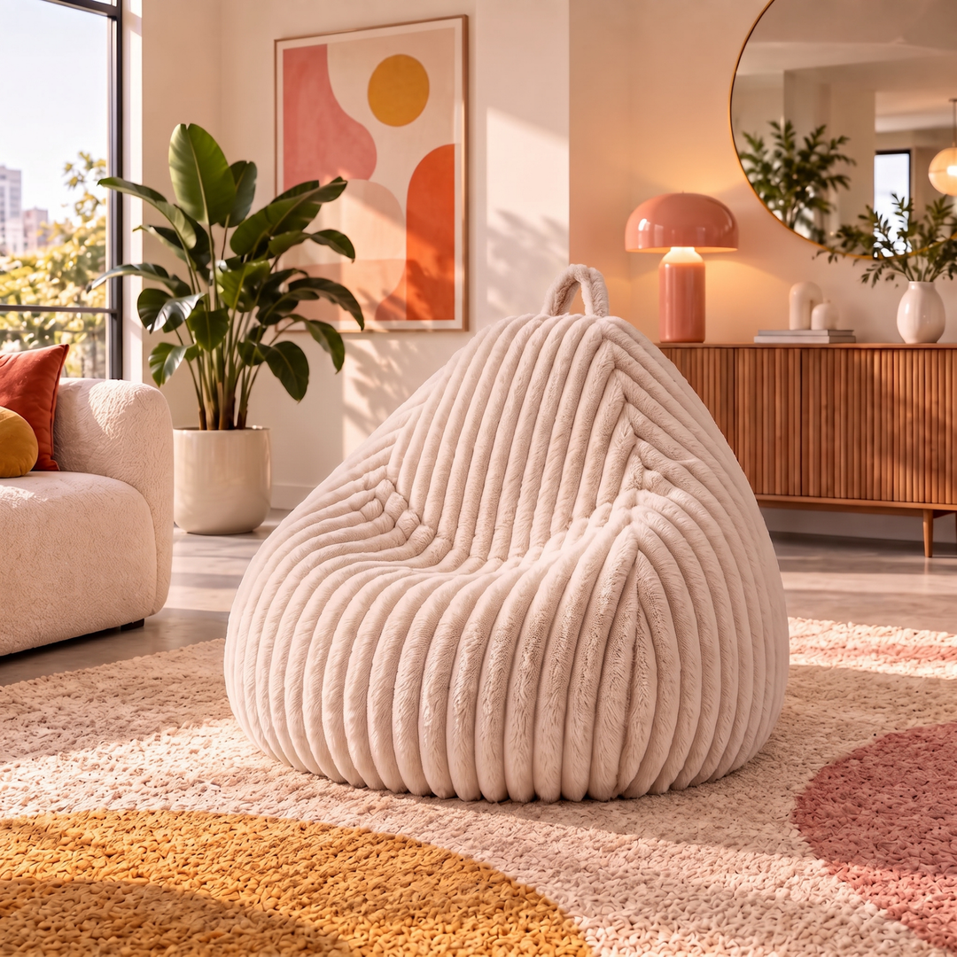 Pouf poire déhoussable en fourrure côtelée beige, vue en intérieur