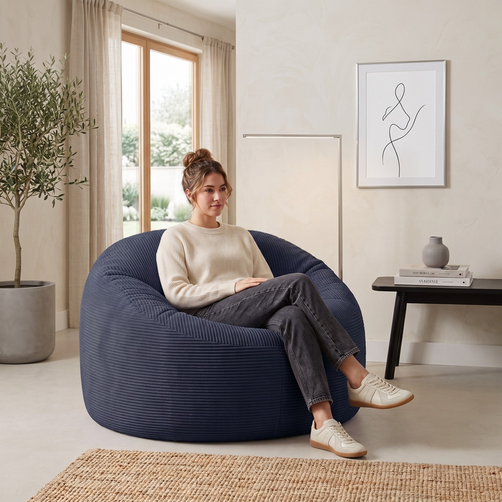 Personne assise sur un pouf déhoussable bleu foncé en velours côtelé