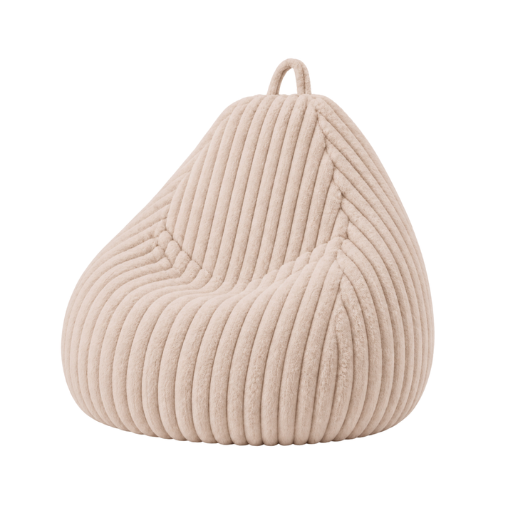 Pouf poire beige en fourrure côtelée, forme poire avec poignée