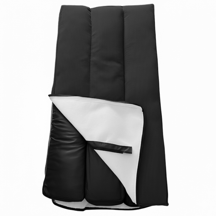 Futon déhoussable gris foncé avec ouverture, doublure claire et rabat