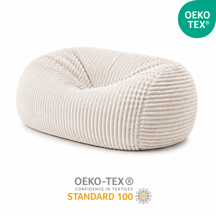 Pouf long géant déhoussable blanc cassé en fourrure côtelée certifiée OEKO-TEX