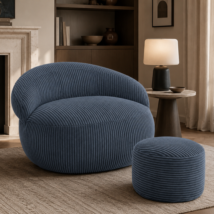 Pouf XXL velours côtelé rond avec repose-pieds assorti, dans un salon.