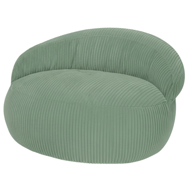 Pouf XXL déhoussable en velours côtelé vert forêt, forme arrondie, vue de trois-quarts