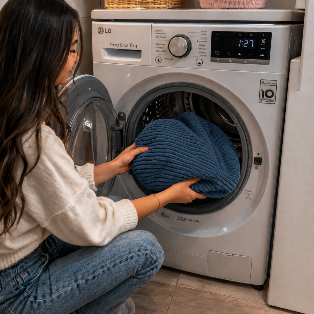 Housse amovible du pouf XXL en velours côtelé, mise dans un lave-linge