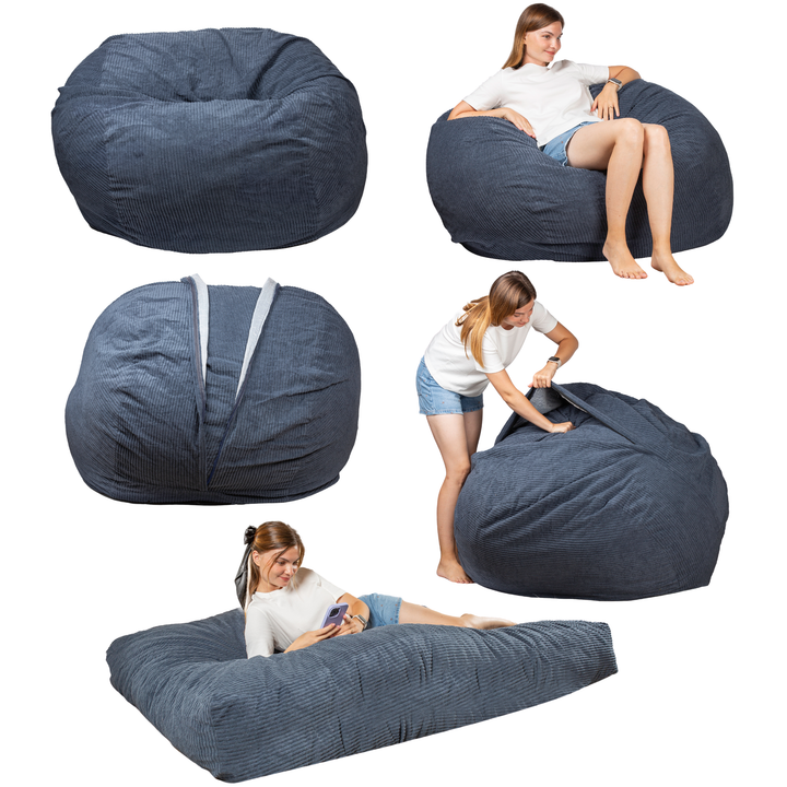 Pouf lit convertible 2-en-1 bleu foncé, usages assis et lit déplié avec modèle