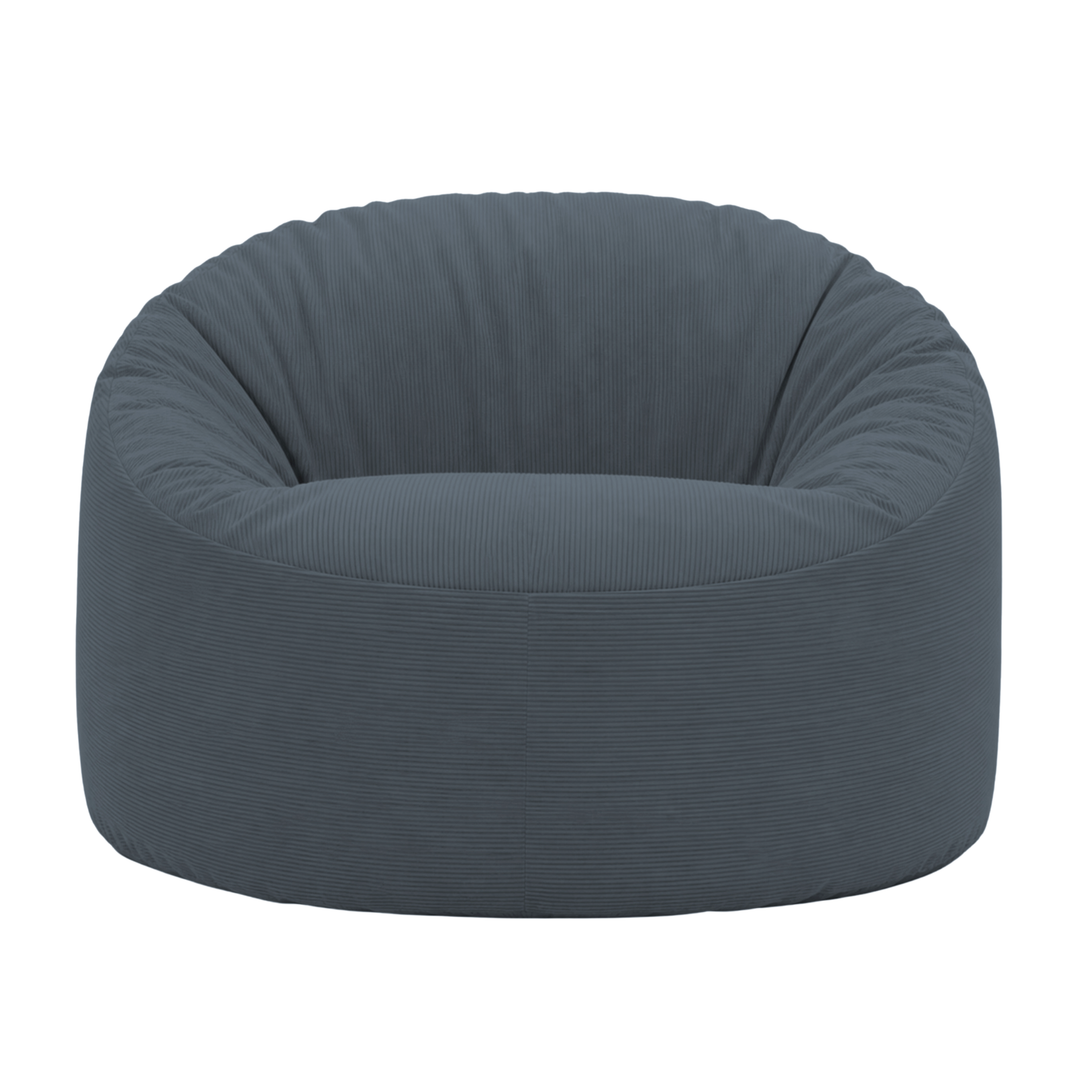Pouf rond en velours côtelé, assise rembourrée avec dossier arrondi, vue de face