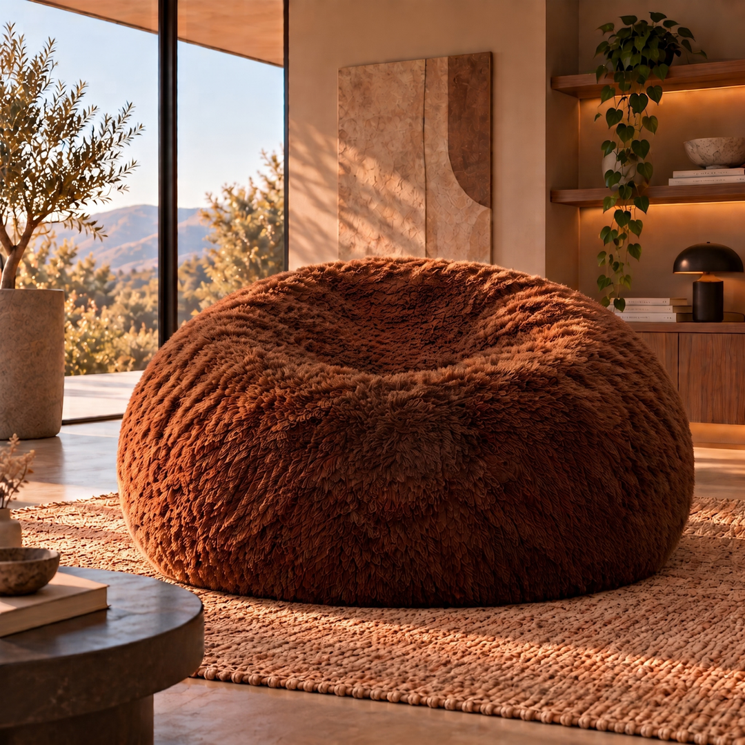 Pouf géant Banabag en fourrure marron, forme ronde, vue dans un intérieur