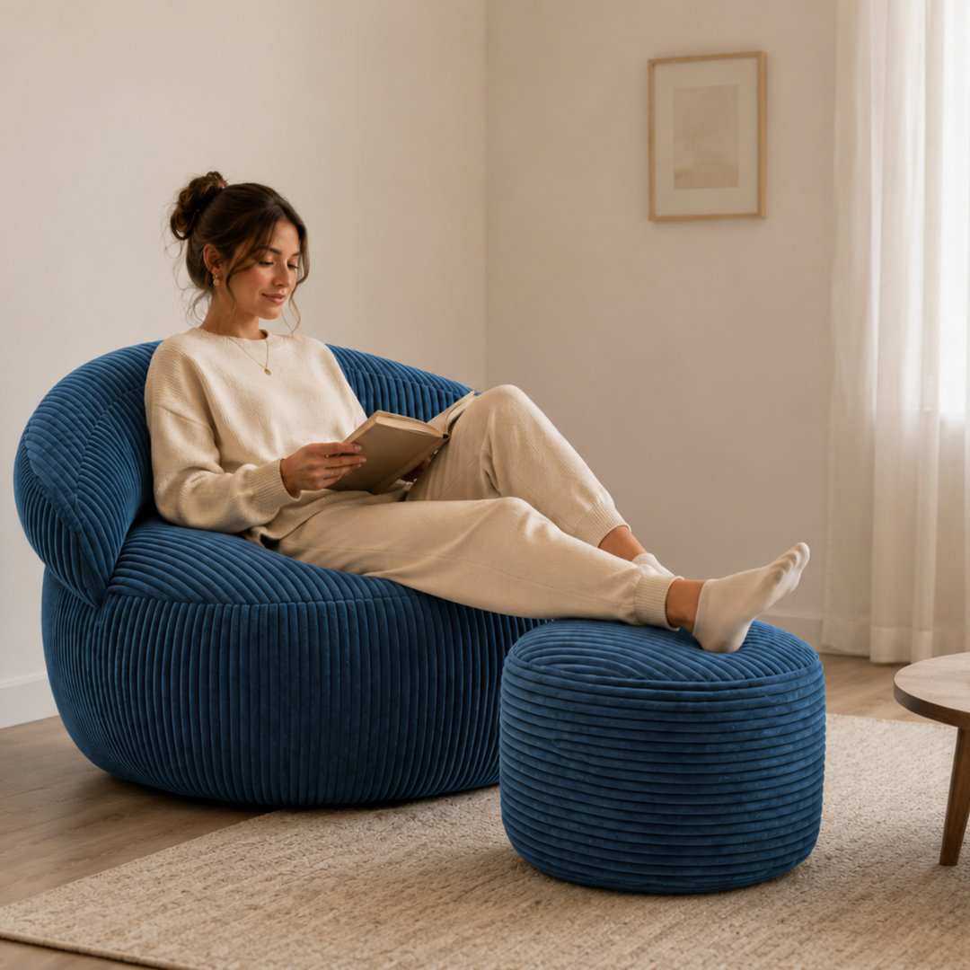 Personne assise confortablement sur un pouf XXL en velours côtelé avec repose-pieds, dans un salon