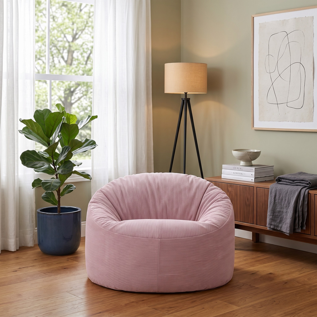 Pouf rond en velours côtelé rose, installé dans un coin salon.