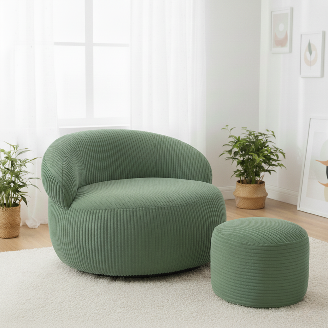 Pouf XXL velours côtelé rond avec repose-pieds assorti, dans un salon.