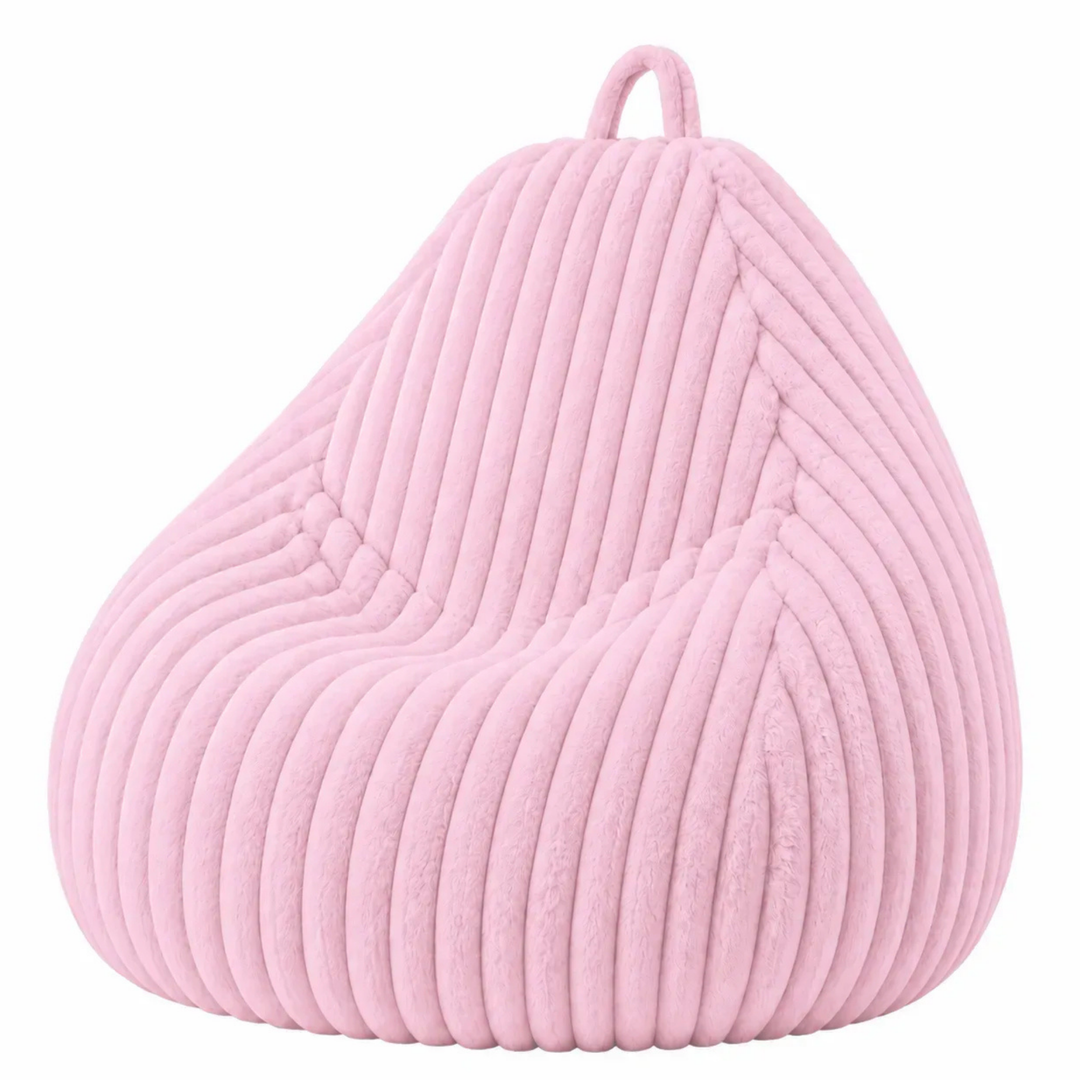 Pouf poire rose en fourrure côtelée, forme poire avec poignée