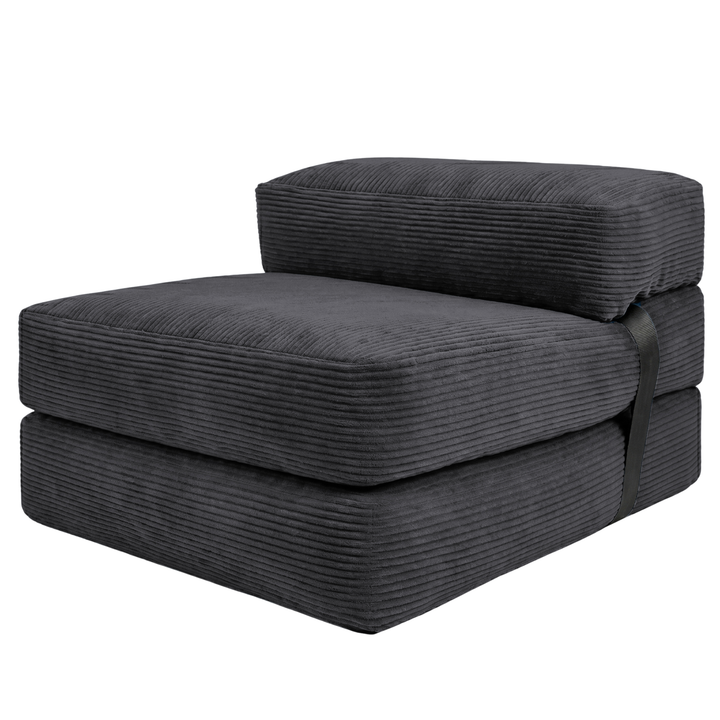 Chauffeuse d’appoint gris foncé, assise et accoudoir intégrés en tissu côtelé