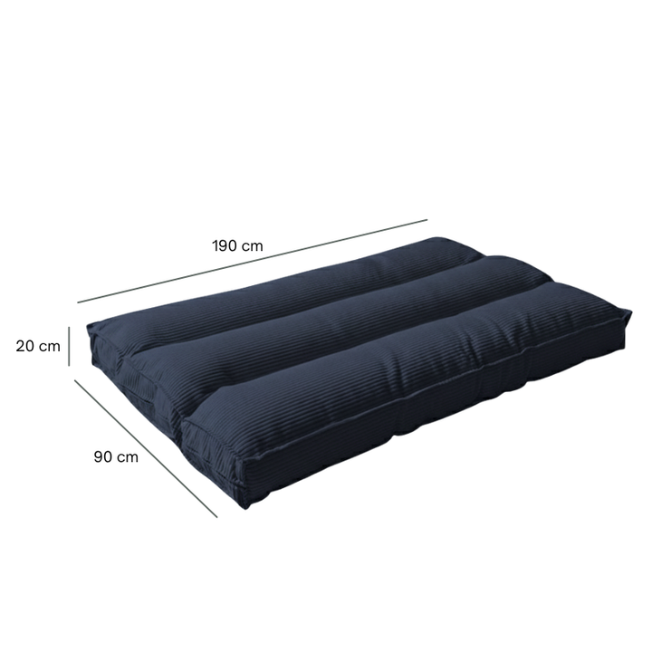 Futon déhoussable bleu foncé avec mesures 190 x 90 x 20 cm.
