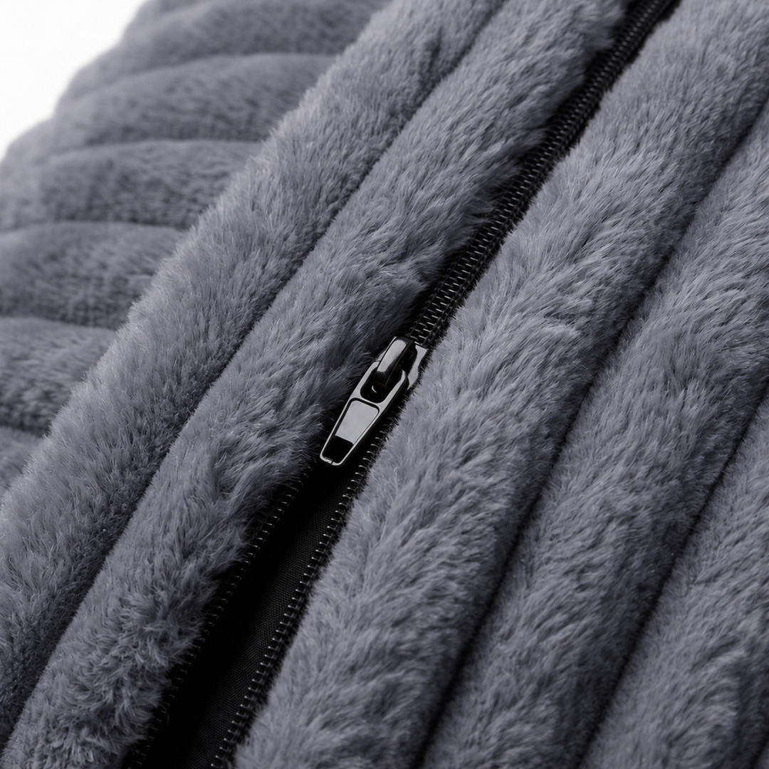 Fermeture éclair de la housse du pouf long géant déhoussable en fourrure côtelée