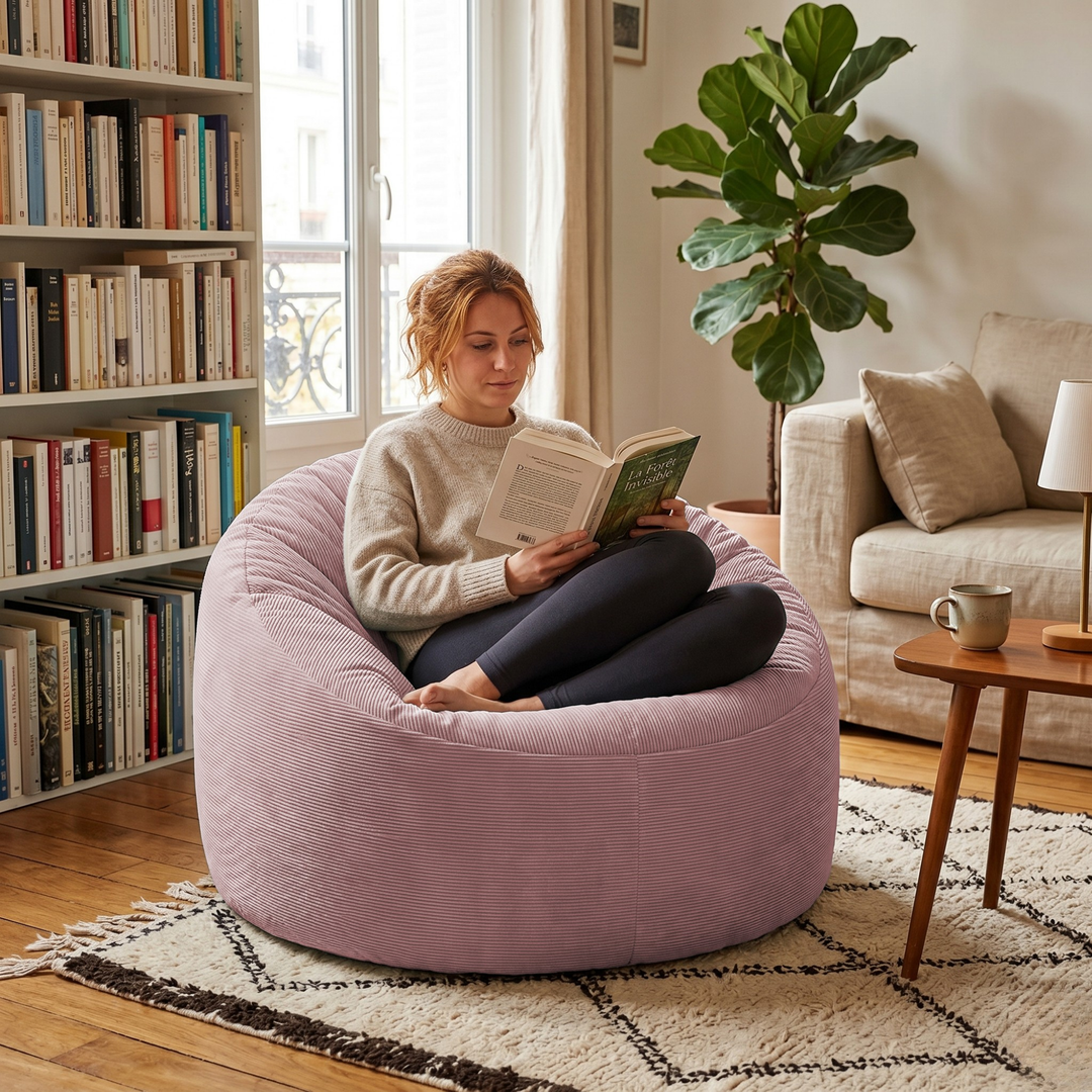 Personne assise dans un pouf rond en velours côtelé, dans un salon