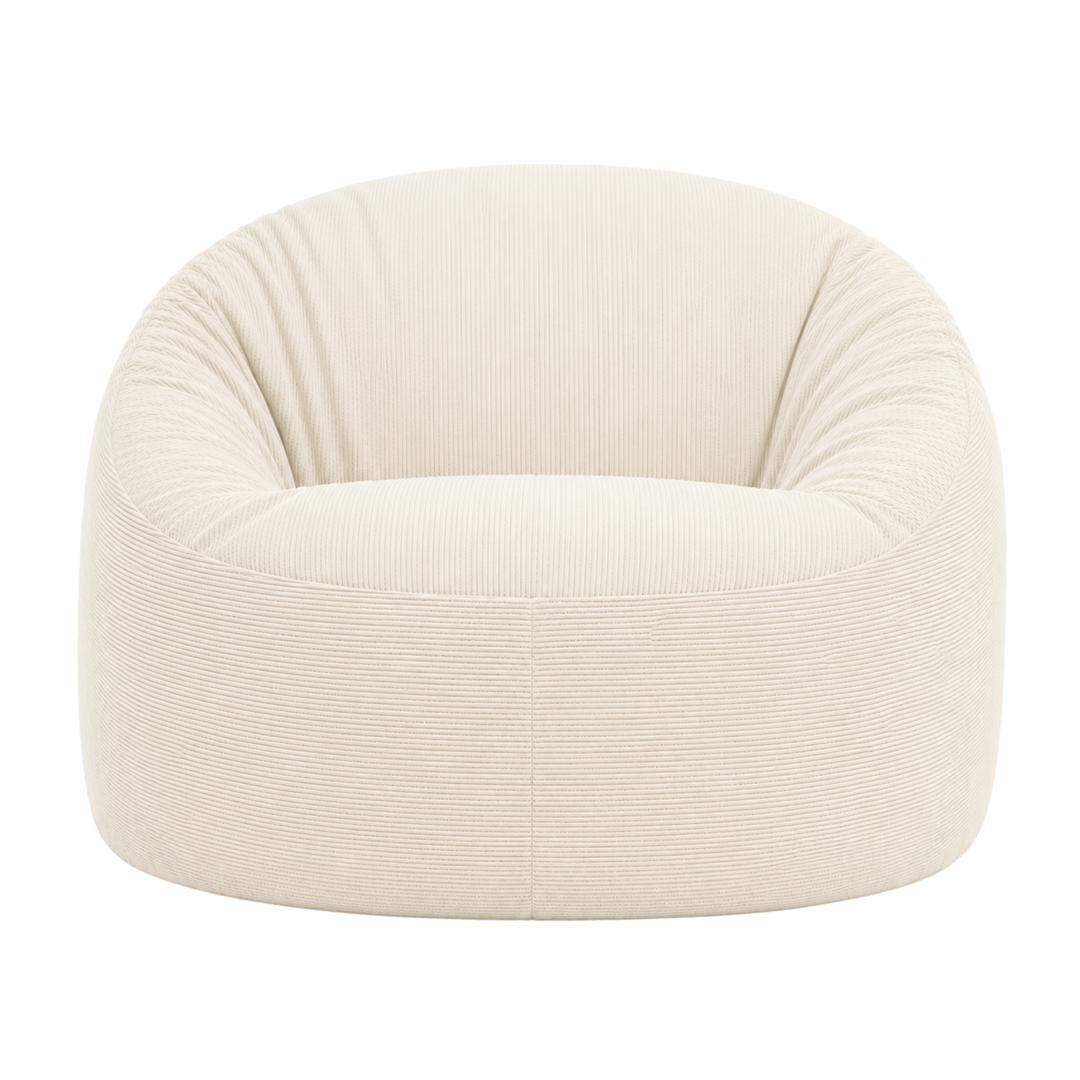 Pouf déhoussable en velours côtelé écru, forme ronde, assise confortable.