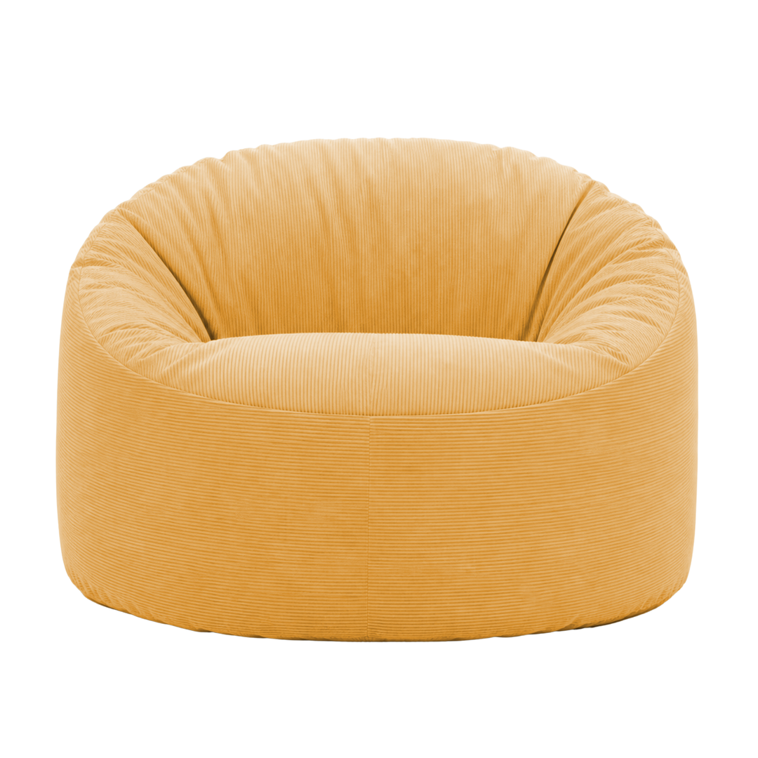 Pouf rond en velours côtelé, assise rembourrée avec dossier arrondi, vue de face