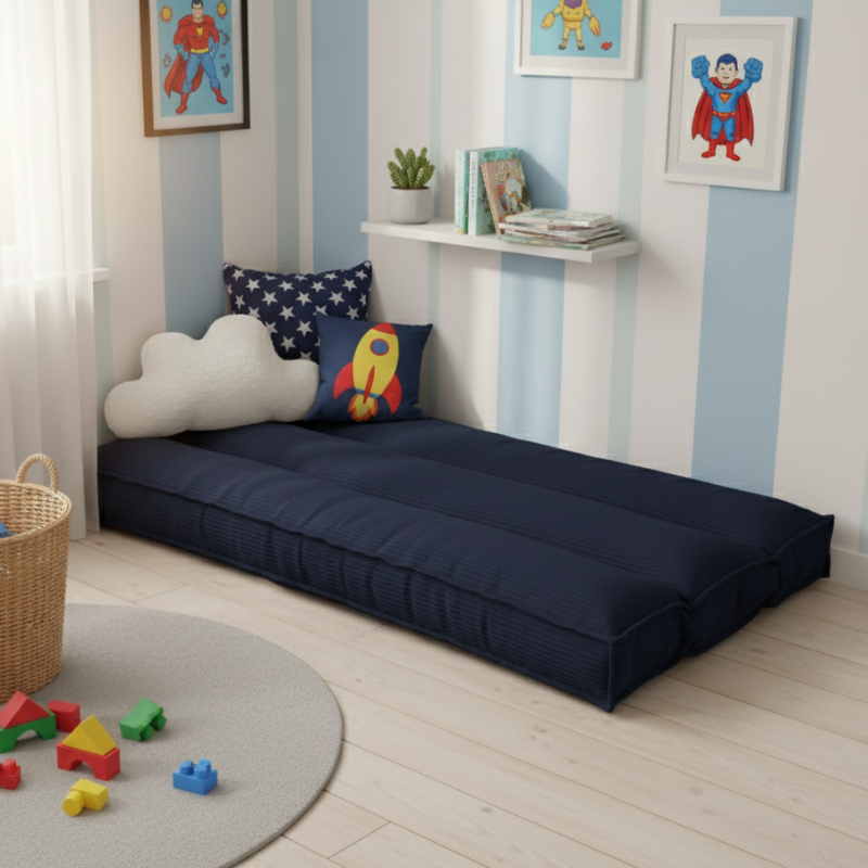 Futon déhoussable bleu foncé, housse velours côtelé, forme rectangulaire