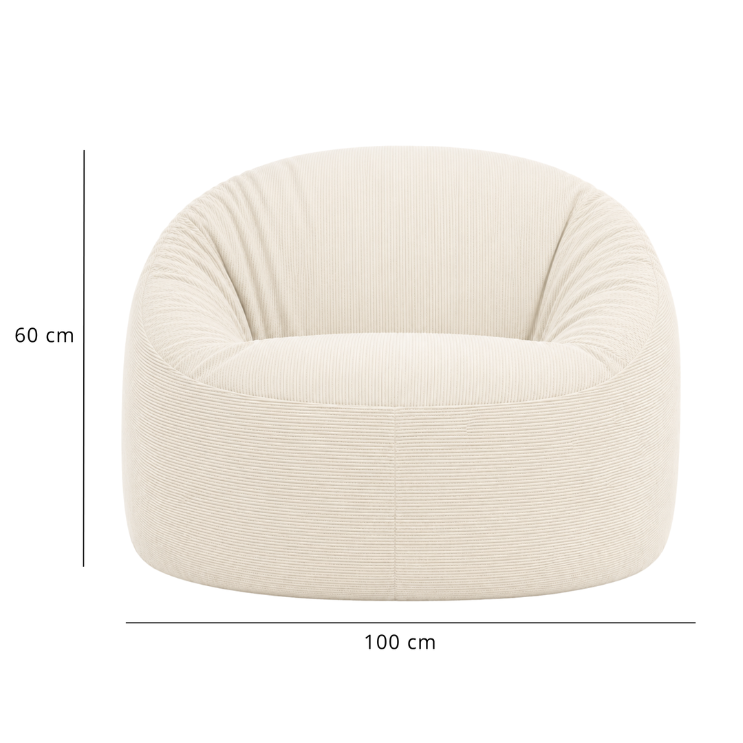 Pouf déhoussable en velours côtelé écru, dimensions 100 cm de diamètre.