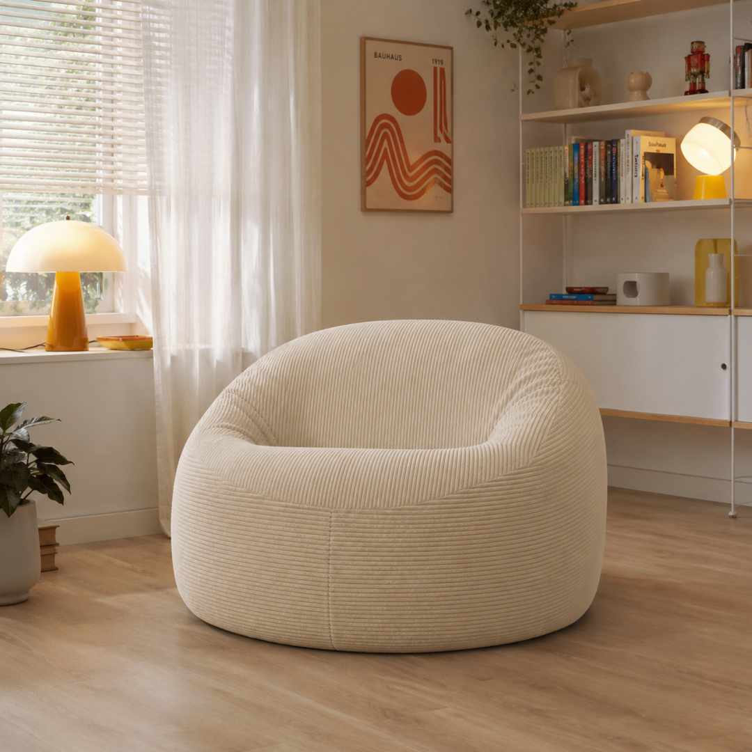 Pouf déhoussable en velours côtelé épais beige, coutures au centre, dossier arrondi