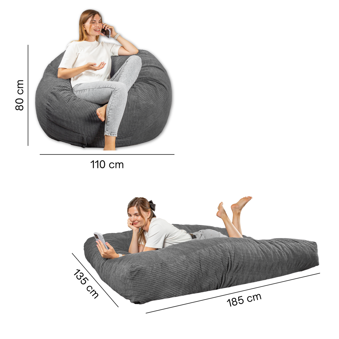 Pouf-lit convertible 2-en-1 gris foncé, dimensions en mode pouf et lit
