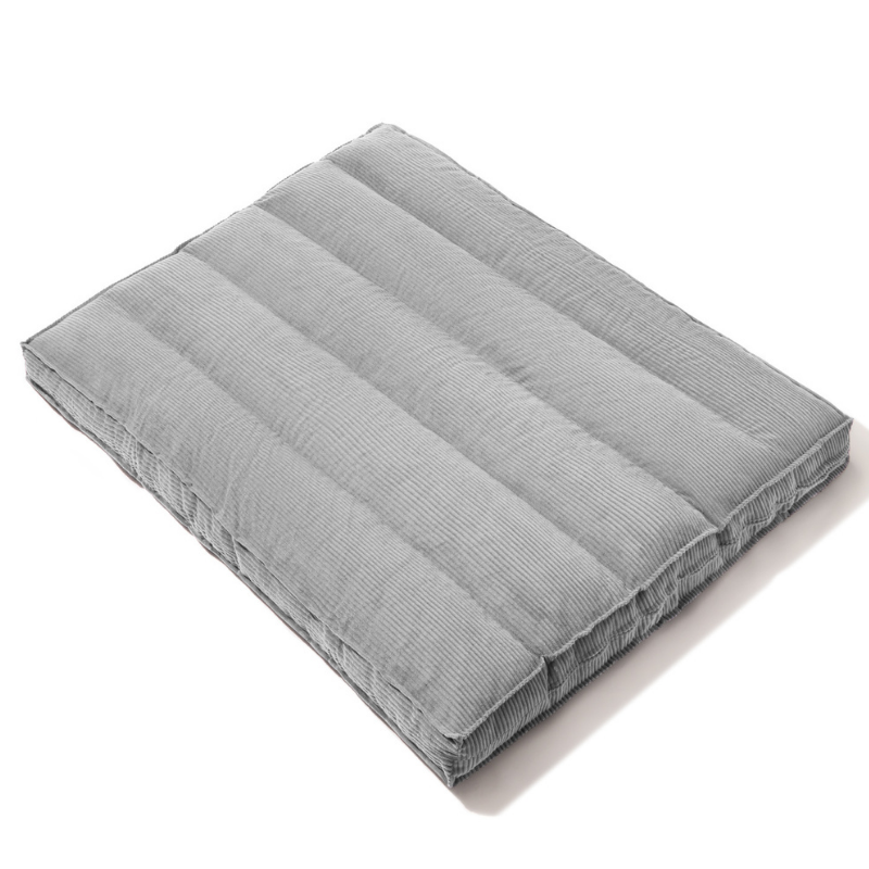 Futon déhoussable en tissu gris clair à rayures verticales, matelas plié 140 x 190 cm
