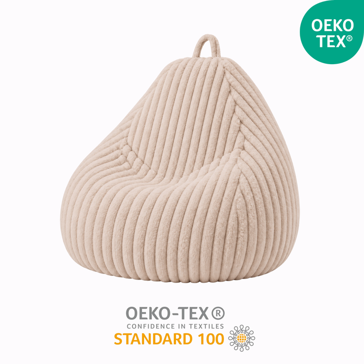 Pouf poire déhoussable en fourrure côtelée, marquage OEKO-TEX Standard.