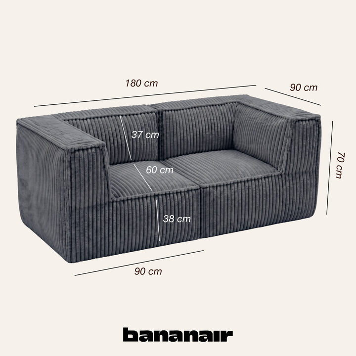 Canapé modulable 2 places en velours côtelé gris foncé, 90×180 cm, vue avec mesures