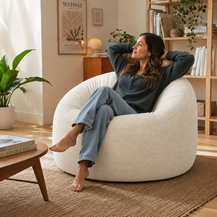 Personne assise sur un pouf déhoussable 100 cm en velours côtelé, dans un salon.