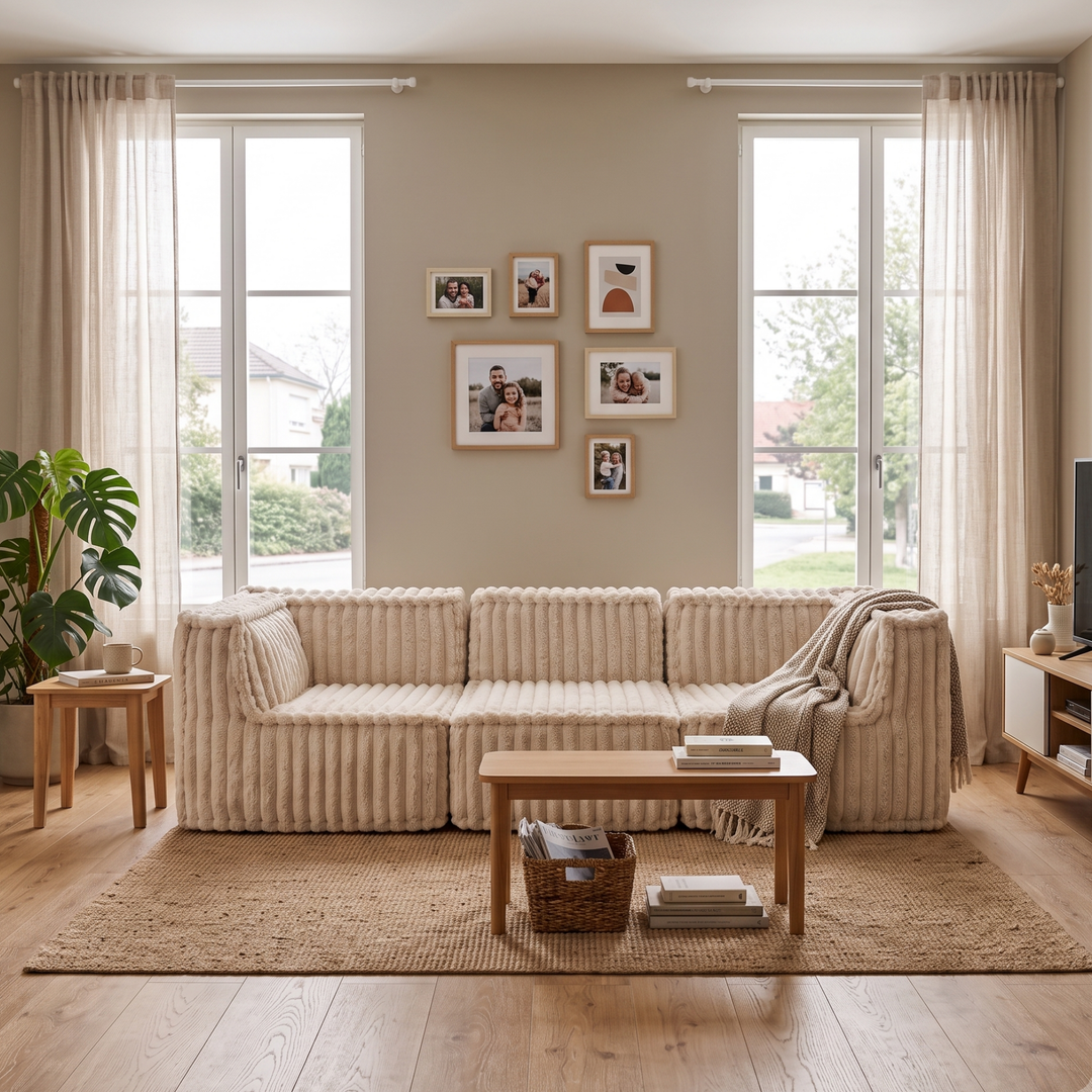 Canapé modulable beige en fourrure côtelée, vue dans un salon lumineux, 3 places.