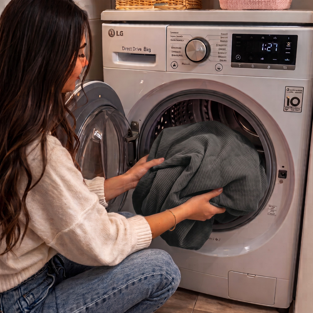 Housse de pouf en velours côtelé gris foncé dans un lave-linge, prête à être lavée.
