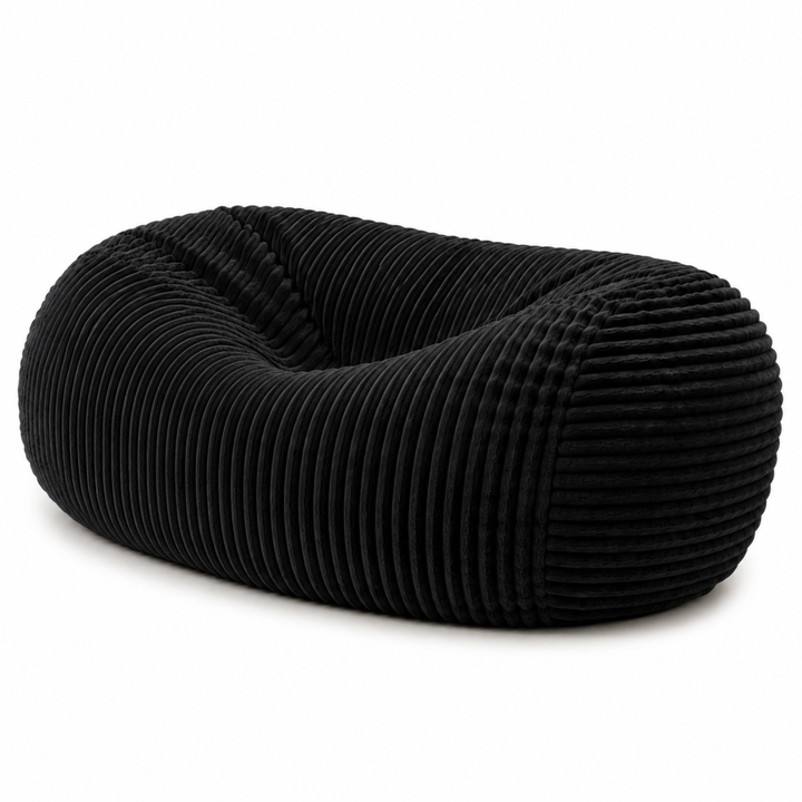 Pouf long géant déhoussable en fourrure côtelée noire, vue de face
