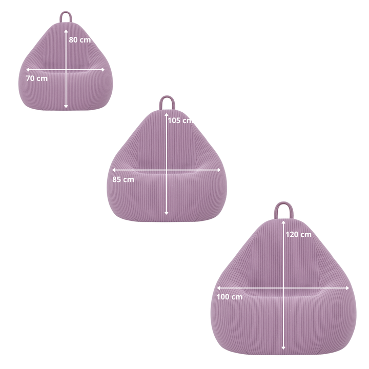 Schéma des dimensions du pouf poire déhoussable en velours côtelé : (80x70, 85x105, 100x120 cm).
